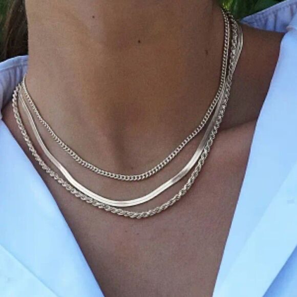 3-Piece Set Chain Necklaces Gold or Silver Plated Fashionable Fashion Jewelry - Picture 3 of 14